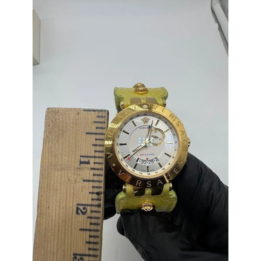 Versace‎ GMT & Alarm Gold Tone Watch Lime Green Leather Strap Medusa Swiss Made
